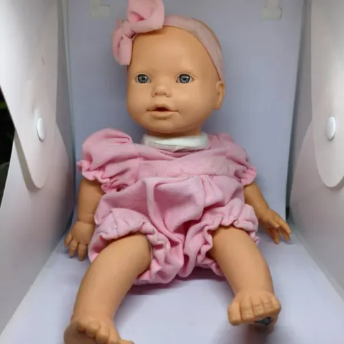Boneca Bebê Bee Toys Baby Amém Vinil Com Roupinha Rosa Usada