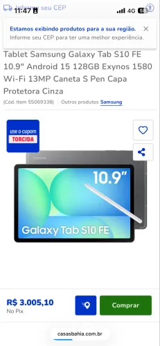 Tablet Samsung Galaxy Tab S10 FE 128GB + S Pen + Capa | Estado de Novo 