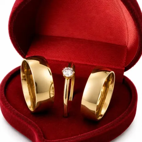 Par de Alianças 8mm Abauladas Anatômicas para Casamento +Solitário Banho de Ouro 18K