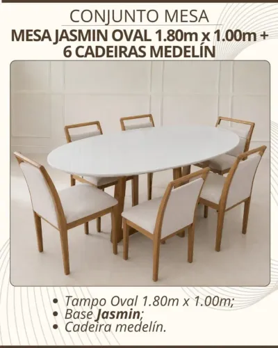 Mesa de Jantar jasmim oval de 1.80m