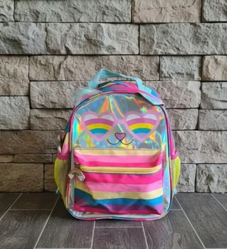 Mochila Denlex Gatinha Arco-íris Holográfica Reforçada.