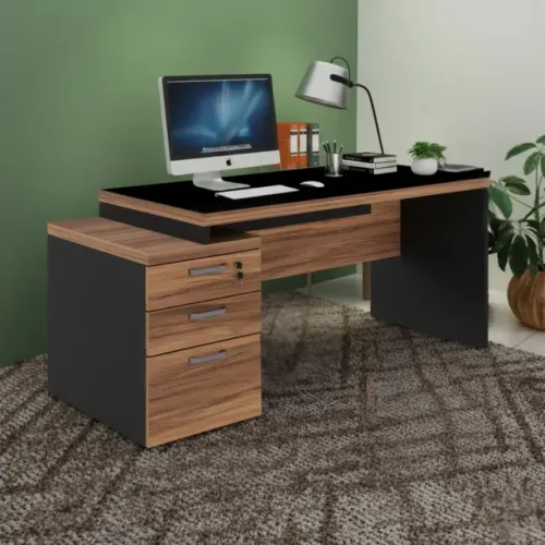 Mesa Pedestal Reta com Vidro 3 Gavetas Nogal Sevilha Preto Design Executivo 21399 PremiumX