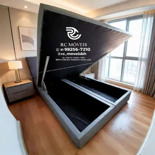 Cama Box Baú Casal 1,38x1,88 Bipartido Pistão a Gás Suede Cinza Luxo