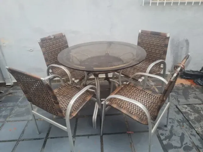 Jogo De Mesa Tampo de Vidro e 4 Cadeiras Alumínio Para Piscina Jardim