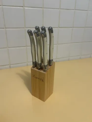 Conjunto 6 Facas de Aço Inox Mesa Luxo Cabo Branco com Cepo de Madeira - Laguiole