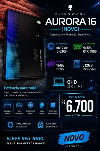 Alienware aurora 16 RTX 4050, I5-210h, 16gb, 512, tela QHD