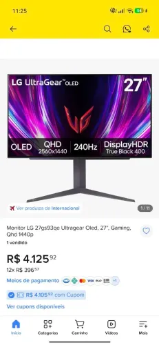 Monitor lg oled 27pol praticamente novo 240hz