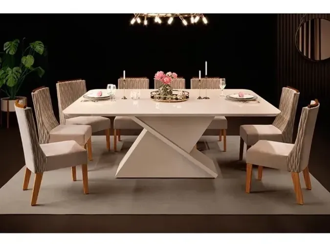 Mesa de Jantar com Tampo de Vidro + 8 Cadeiras Claras