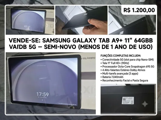 Vendo SANSUMG galaxy tab A9+ cor grafite semi novo, menos de 1 ano de uso, na caixa