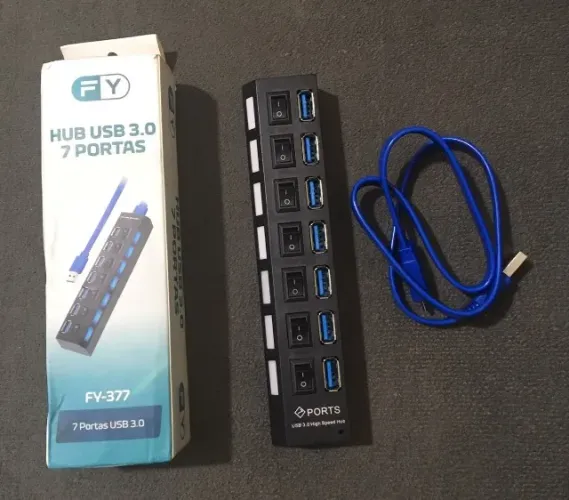 Hub USB c/ 7 Portas Ultra Rápido p/ Pen Drive e HD 3.0 - NOVO