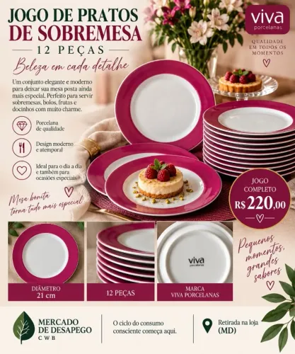 JOGO DE PRATOS DE SOBREMESA - VIVA PORCELANAS | 12 PEÇAS