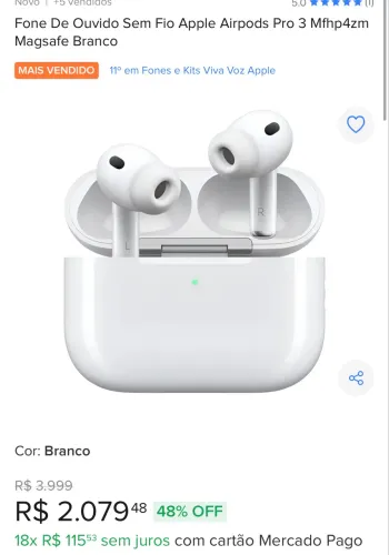 Fone De Ouvido Sem Fio Apple Airpods Pro 3 Mfhp4zm Magsafe Branco