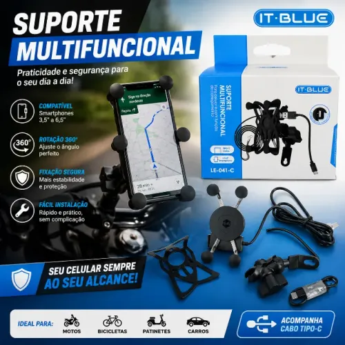 Carregador Suporte Moto Celular It'blue Le-041 Com cabo Usb tipo c incluso