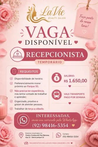 VAGA DISPONÍVEL - Recepcionista (Temporário)