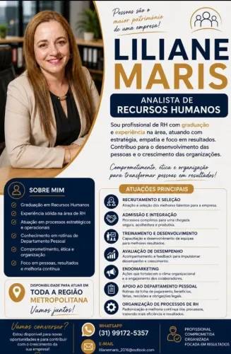 Sou Profissional de RH com experiência,disponível para BH e Vespasiano