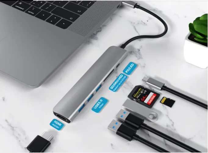 Adaptador Hub Macbook Pro / Air 7 Em 1 Usb C Cinza 4k  hdmi 