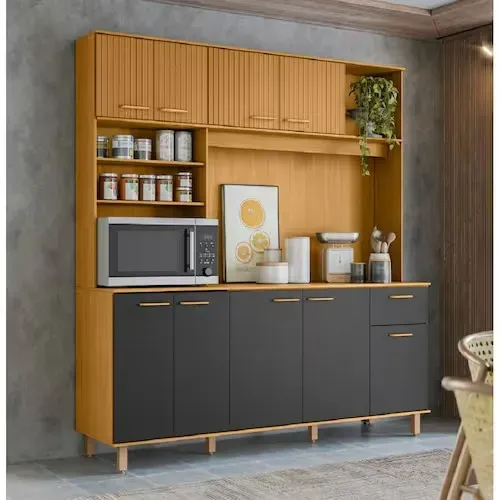 "Kit Armário de Cozinha Núria: Design Moderno com 9 Portas, 1 Gaveta e Detalhe Ripado 3D"