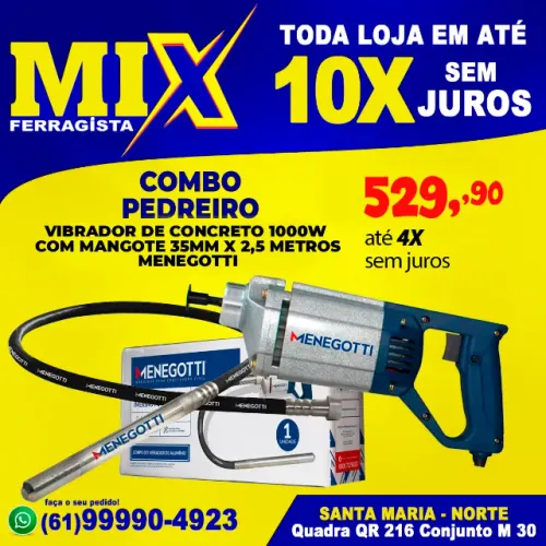 Vibrador de Concreto 1000w 220v Com mangote 35mm X 2,5 Metros Menegotti