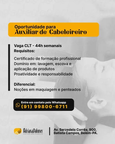 OPORTUNIDADE EMPREGO AUXILIAR DE CABELEIREIRO 
