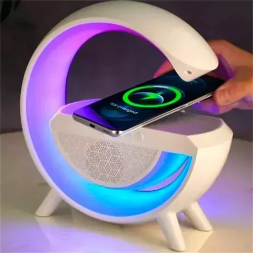 LUMINÁRIA DE MESA SMART CAIXA DE SOM GOOGLE G BLUETOOTH COM RGB EM LED COM INDUÇÃO