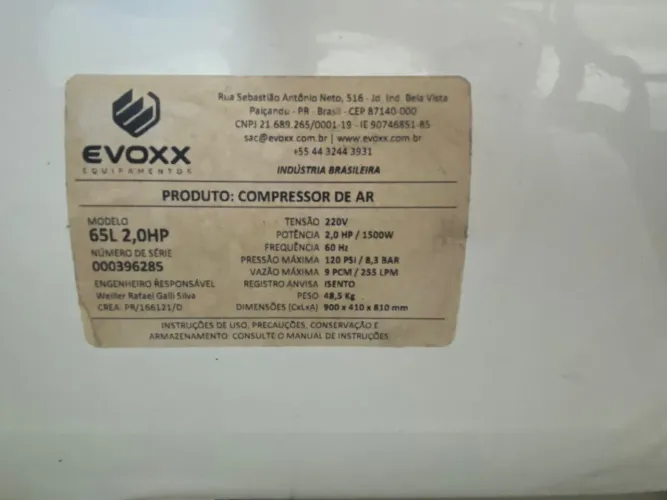 Compressor de Ar Evoxx 65L 2.0HP