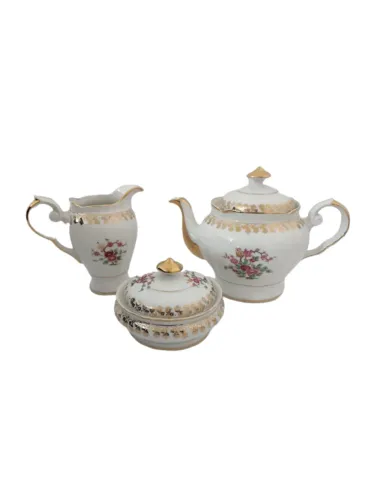 Bule Leiteira E Manteigueira Real Porcelana Floral E Ouro