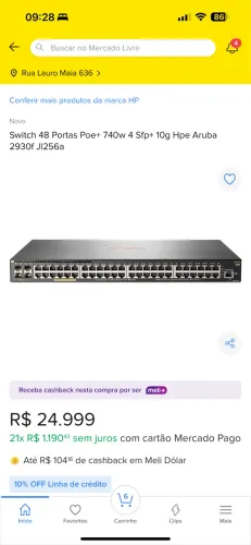 Switch 48 portas poe +740w 4 sfp+ hype aruba2930f jl256a