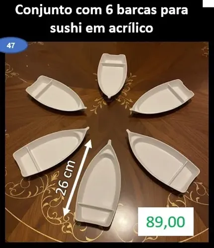 Conjunto com 6 barcas para sushi em acrílico
