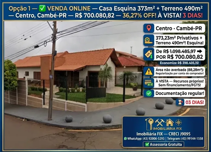 ? VENDA ONLINE ? CASA EM ESQUINA! CENTRO DE CAMBÉ!