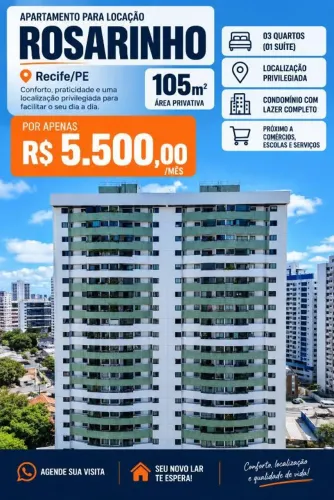 Rosarinho | 03 quartos | Lazer | 02 vagas | R$ 5.500,00