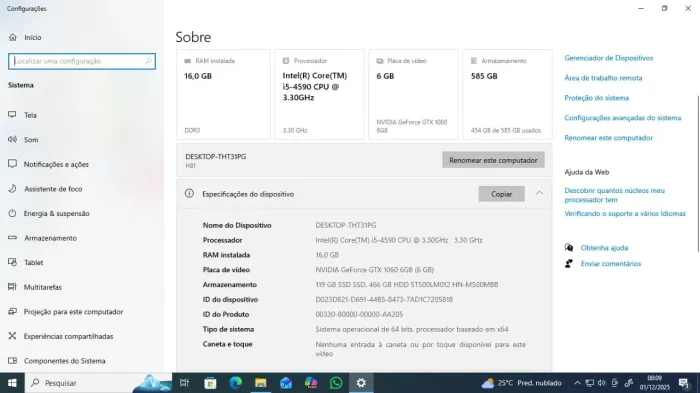 COMPUTADOR I5 - 16GB RAM - NVME 250G - RTX 1060 6GB