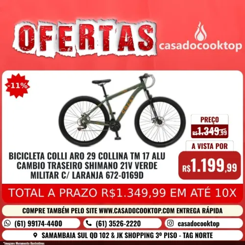 BICICLETA COLLI ARO 29 COLLINA TM 17 CAMBIO TRASEIRO SHIMANO 21V VERDE MILITAR C/LARANJA