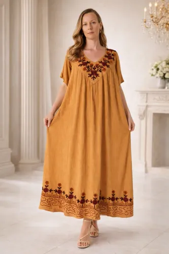 Vestido Longo Viscose Indiano Bordado Manga Curta Trapézio Amplo Sofisticado