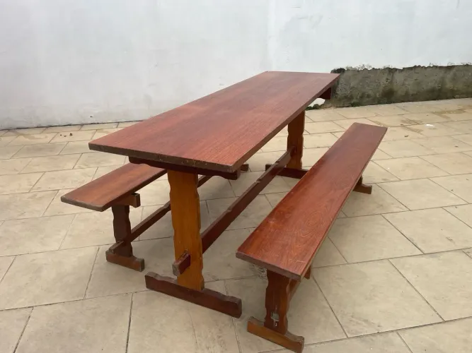 Mesa Rústica de Madeira com Bancos - Conjunto Completo