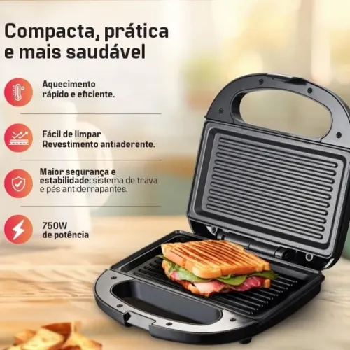 Sanduicheira e Grill Elétrico Antiaderente 750W 220V