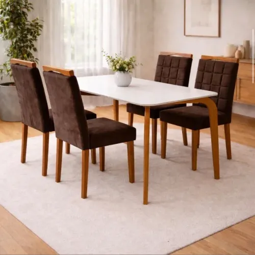 Conjunto de Jantar Malibu 120 com Vidro e 4 Cadeiras em Veludo Marrom