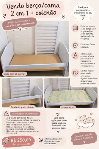 Vendo berço cama 2 em 1 + colchão 250