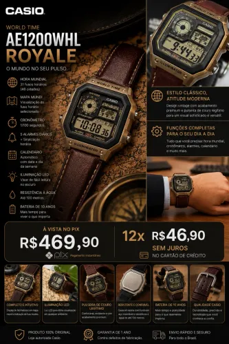 Relógio Casio AE1200WHL hora mundial pulseira em couro