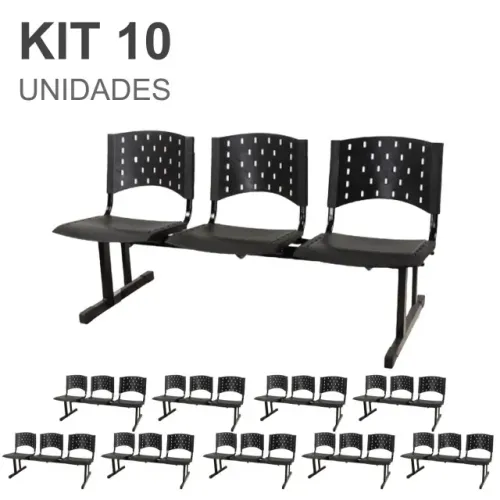Kit Com Dez Longarinas Três Lugares Plásticas Pretas Para Recepção Escritório 23008