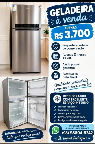 Vendo geladeira para sair logo dois meses de uso com garantia e nota fiscal