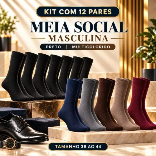 Meia Social Meia Masculina Kit 12 Pares 38 ao 44 Preta ou Sortida