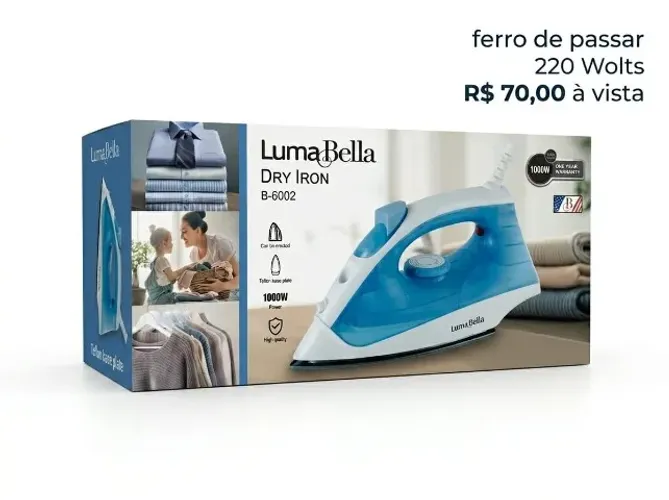 Ferro de passar a seco da marca Luma Bella, modelo B-6002, possui uma potência de 1000W