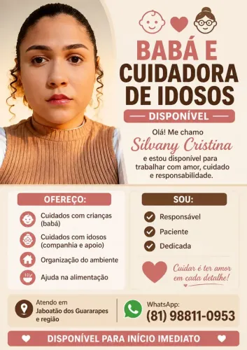 BABÁ E CUIDADORA DE IDOSOS DISPONÍVEL