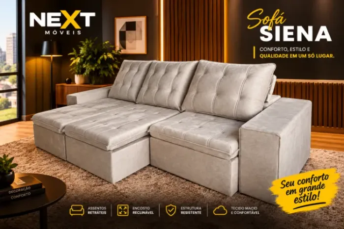 Sofá Siena Retrátil e Reclinável 2,90cm (NOVO A PRONTA ENTREGA)