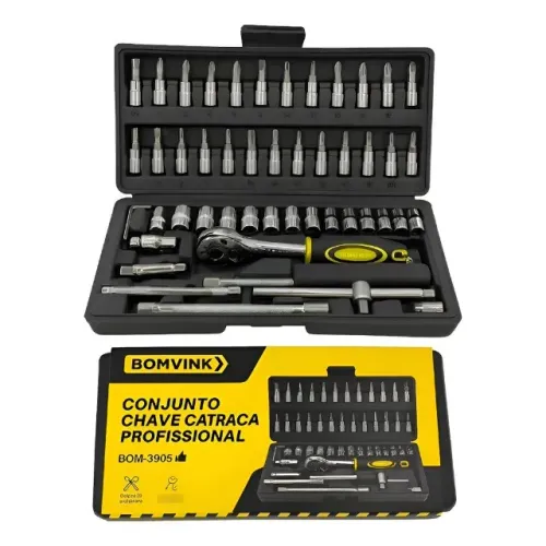 Conjunto de Chaves Catraca Profissional BOMVINK 46 Peças | Soquetes + Bits | Maleta Organi