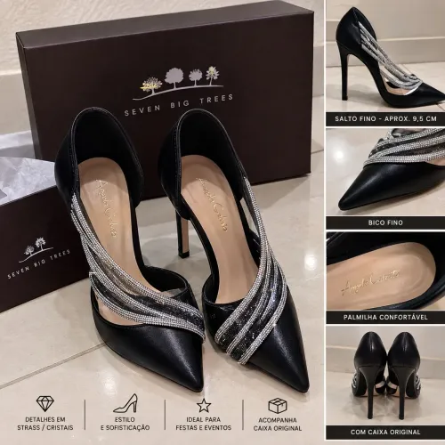 SCARPIN SEVEN BIG TREES 3739-32 - PRETO COM STRASS - SALTO FINO - COM CAIXA<br>