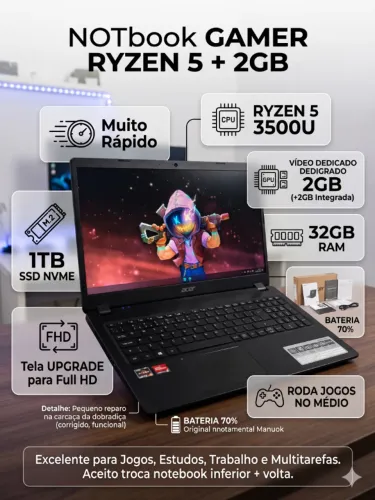 Notebook Gamer Ryzen 5 3500U + Vídeo Dedicado 2GB | 1TB NVME | Rápido