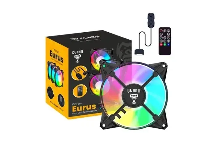 Kit com 3 cooler fan eurus + controladora + controle argb 3 pinos clanm 
