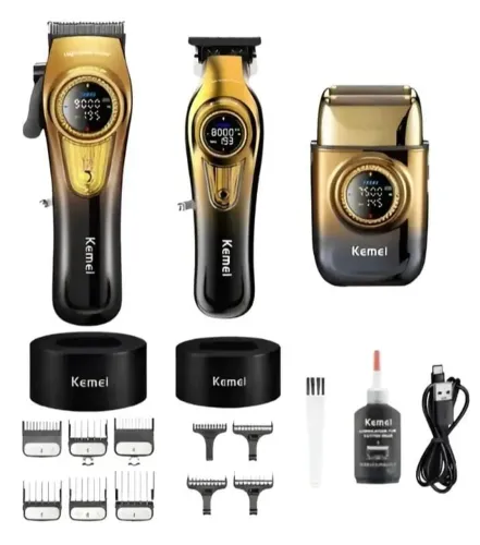 Kit Combo Maquina Kemei Km-8557 Profissional Dourada Corte +