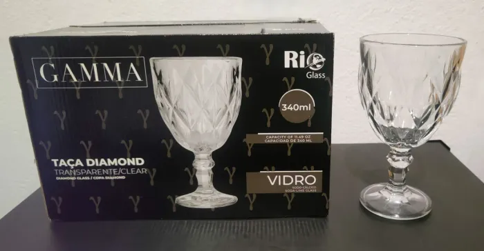 Jogo 6 Taças Vidro Copo Diamante 340ml Transparente Gamma